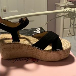 Black platform ankle strap heeled sandals